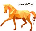 In low poly, trend. fiery red prancing hors